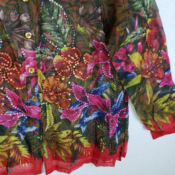 Vintage Diane Gilman Silk Blouse Tunic Top Sequined Floral Sheer size M Relaxed - Picture 11 of 11